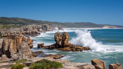 Scenic coastal landscape with rocky cliffs and waves crashing against the shore