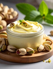 Delicious pistachio cream in a jar, with surrounding nuts and foliage