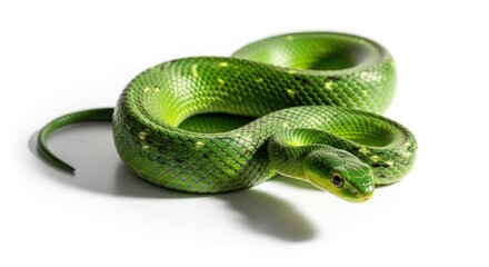 Obraz premium Vibrant Green Snake Coiled on a Clean White Background.