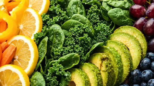 Vibrant Array of Fresh Produce: Citrus, Greens, and Avocado Close-Up
