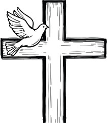 Christian Cross and Dove Silhouette Vector Featuring Wood Texture and Peace Symbolism in Spiritual Black Line Art Style