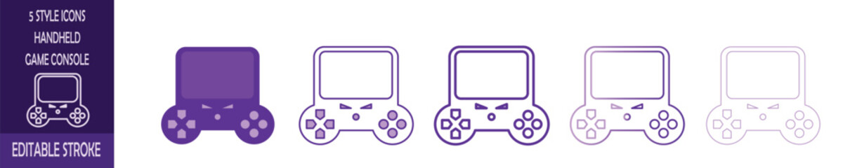 Set of 5 Handheld Game Console Vector Icons with Editable Stroke on Transparent Background