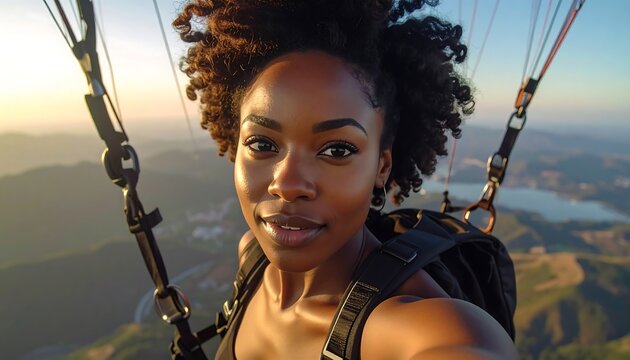 A smiling Black woman, selfie-style, paragliding high above a mountainscape. Golden light bathes her face and surrounding scenery. She wears a backpack - Powered by Adobe