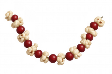 Popcorn and cranberry garland decorating for holiday season celebrations, traditional christmas craft on transparent background