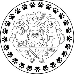 Illustration of pets being groomed isolated on white background