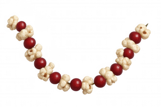 Popcorn and cranberry garland decorating for holiday season celebrations, traditional christmas craft on transparent background