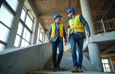 Two men in hard hats, safety vests walk down concrete stairs at large building construction site. Discuss project progress, holding blueprints. Architects, engineers inspect new development. Modern