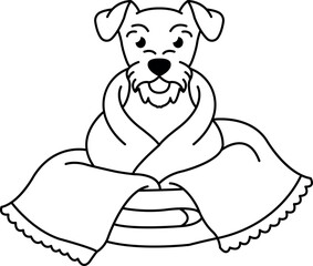 Illustration of a dog wrapped in a towel isolated on white background