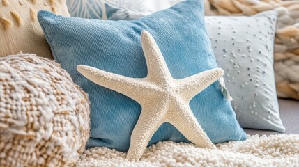 The ultra close macro of a plush starfish pillow displays pastel suede texture against a sand colored rug evoking a coastal interior vibe