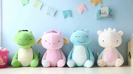 In a kids room with vibrant decor, a row of soft plush toys shaped like animals is arranged in the background