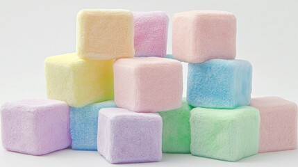 The artistic studio background showcases plush shapes, including soft cubes and spheres, in gradient pastel tones