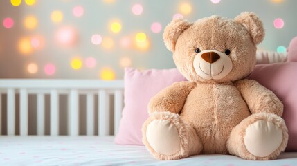 A premium product shot features a soft plush teddy bear with stitched details set against an ultra-realistic texture and cozy pastel nursery background