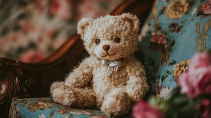In a premium product shot, an ultra-realistic texture and a cozy pastel nursery background complement a soft plush teddy bear with stitched details