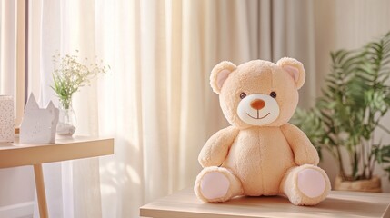 The soft plush teddy bear has stitched details and is set against a cozy pastel nursery background with an ultra-realistic texture in this premium product shot