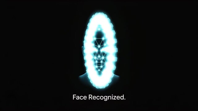 Face Recognition: An innovative display shows facial recognition technology in action. A human silhouette, encircled by a network of connected points, signifies identification. - Powered by Adobe