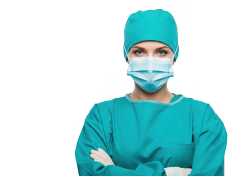 Professional surgeon in scrubs and mask ready for operation with arms crossed confidently isolated on transparent background