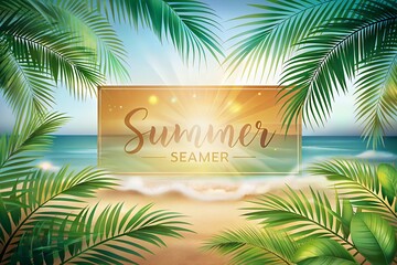 Tropical beach paradise with palm fronds and summer greeting
