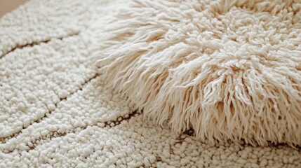 The background features a plush abstract fluffy pyramid texture in white and beige, showcasing a modern art concept in a studio shot