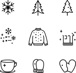 Winter Icon Grid Vector Featuring Snowflakes, Pine Trees, Sweater, Mug, Mittens, and Heart Symbols in Black Line Art