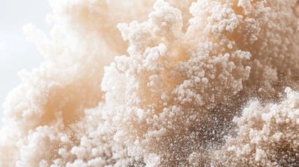 In a studio shot, a modern art concept is presented with a plush abstract fluffy pyramid texture on a background of white and beige