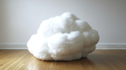 For a cozy home decor, a soft plush kids room nursery is accentuated by a white decorative cushion and a plush fluffy cloud pillow set against a wood floor background