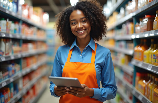 Smiling female shop assistant holds tablet in supermarket. Woman in orange apron and blue shirt works at retail store. Young worker uses tech for inventory control at grocery.