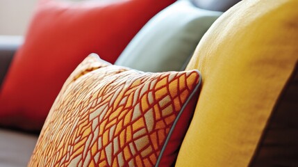 Plush geometric pillows in vibrant colors are used as accent cushions to add a decorative touch to modern home decor and interior design for a beautiful background