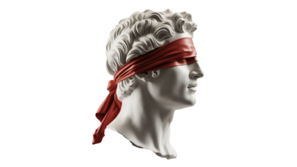 Striking sculpture with a bold red blindfold, perfect for conceptual art, and thought-provoking visuals, adding a touch of mystery to your projects