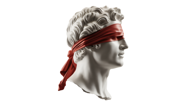 Striking sculpture with a bold red blindfold, perfect for conceptual art, and thought-provoking visuals, adding a touch of mystery to your projects