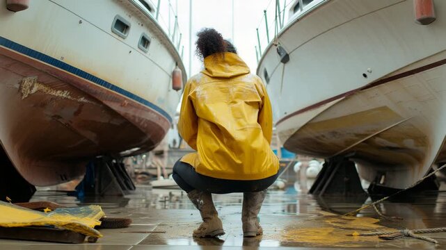 Woman inspecting boats at a marina in rainy weather while wearing a yellow rain jacket