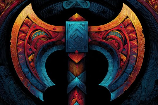 Ornate, vibrant double-headed axe with intricate patterns.