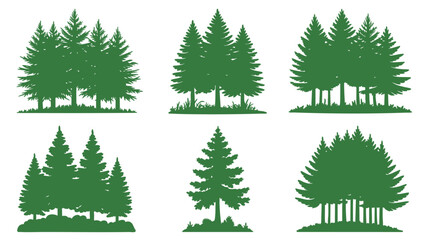 Fototapeta premium Collection of green pine tree silhouettes in various forest arrangements