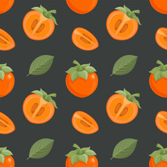 Vibrant seamless pattern with persimmon fruit and leaves on dark background. Tropical fruit background.