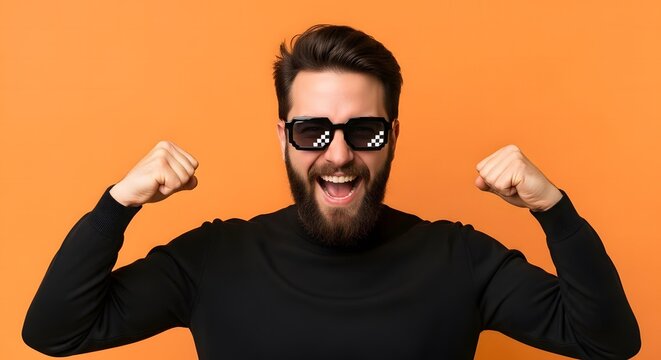 Confident bearded man in cool pixelated sunglasses flexing muscles with a wide, joyful smile against an vibrant orange background, showcasing strength and playful attitude