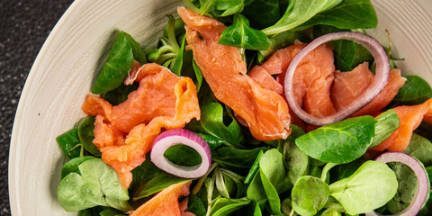 Salmon salad appetizer seafood fresh fish second course portion size natural product tasty snack fresh delicious gourmet food background on the table rustic top view copy space pescetarian diet