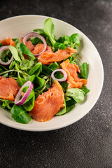 Salmon salad appetizer seafood fresh fish second course portion size natural product tasty snack fresh delicious gourmet food background on the table rustic top view copy space pescetarian diet