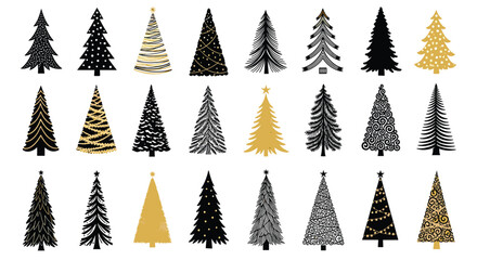Obraz premium Elegant Christmas Tree Collection: Black and Gold Holiday Decor, Festive Designs for Cards, Invitations, and Christmas Backgrounds, Celebratory Winter Season Graphics