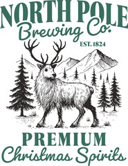 North Pole Brewing Co. Logo with Reindeer and Quote "Premium Christmas Spirits" – Vintage Holiday Beer Label Design for Festive Apparel, Gifts, and Barware