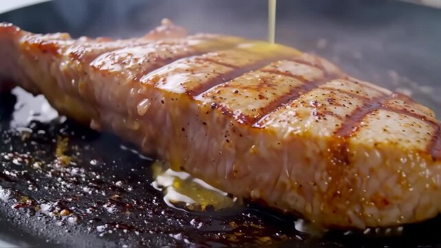 Close-up of seared meat on a hot pan being drizzled with sauce. Steam rises, creating a tempting visual