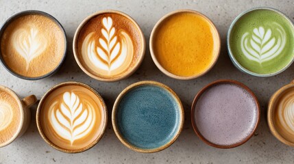 Colorful Mugs of Latte Art Displayed on a Textured Surface in a Cozy Atmosphere