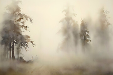 Soft watercolor painting of distant trees fading into morning fog. Minimalist composition in gentle beige and grey tones creates a calm, poetic atmosphere for wall art and decor