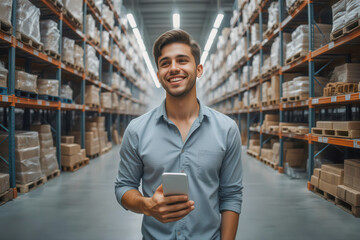 Smiling man using phone in warehouse inventory with stock shelf in background