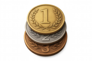 Medals with gold, silver, bronze for first, second, third place on a transparent background, representing success