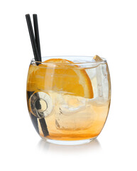 Tasty cocktail with slice of orange in glass isolated on white