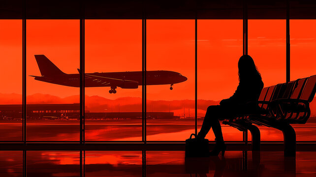 A black and white image shows the silhouette of a woman standing inside an airport terminal, looking out at an airplane taking off.  Red themed