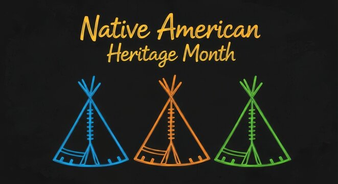 illustration with colorful teepees and handwritten text for native american heritage month. simple sketch on dark background. celebration of indigenous culture. banner, poster.