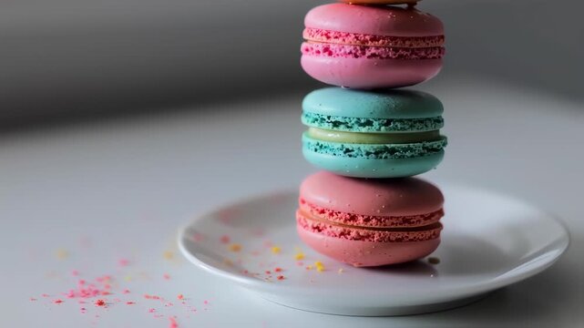 A stack of colorful macaron cookies on a white plate, with sprinkles. Background is soft gray