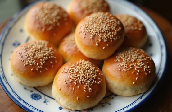 Close-up of sesame seed buns on a plate. Freshly baked bread rolls with sesame seeds. Round buns on a white plate with blue trim and floral design. Wooden table background.