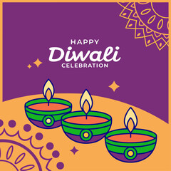 Colorful Happy Diwali Celebration Banner with Decorative Oil Lamps
