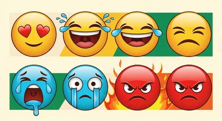 Intense Emotion Emoji Sticker Set: Love, Laughter, Sadness, and Angry Face Graphics